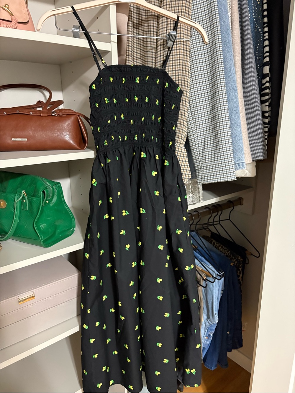 A New Day - Black Smocked Dress with Neon Green lemon accents